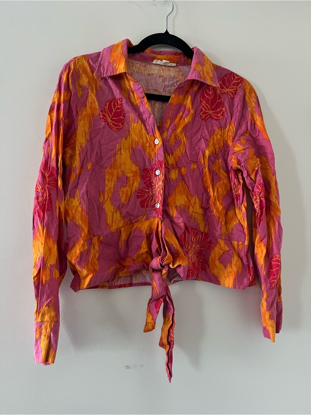 Christian Siriano Pink Orange Linen Blend Tie Front Blouse Large Tropical Resort